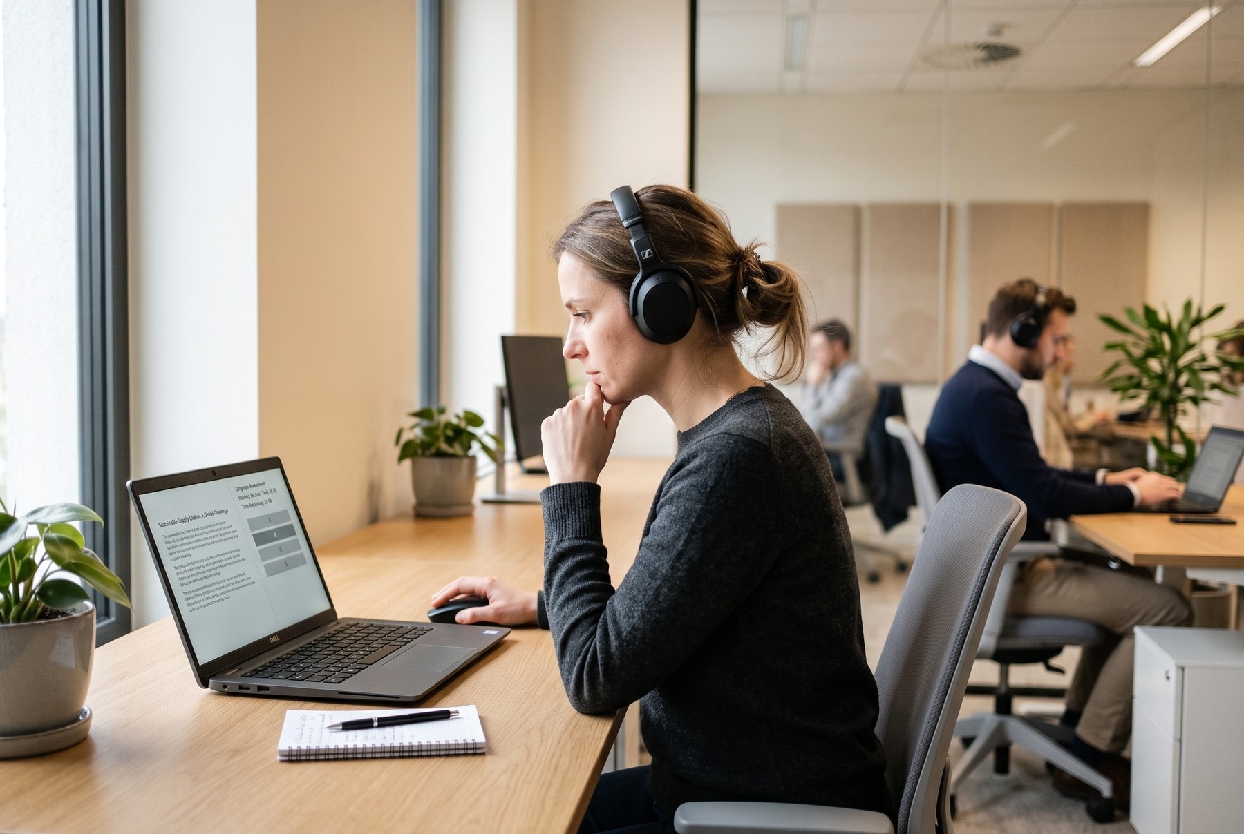 Pracownicy podczas komputerowego testu językowego w słuchawkach